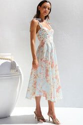 Luftiges Fit & Flare Sommer-Midikleid mit Bindebändern und Blumenmuster - Aprikose